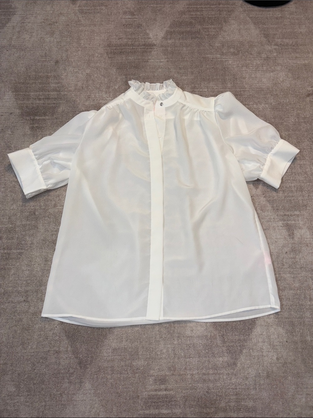 Selkie Cream Ruffle-Neck Sheer Puff Sleeve Blouse